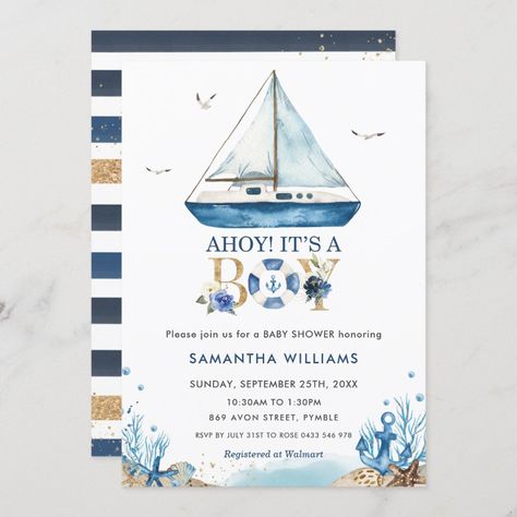 Nautical Boat Ahoy It's a Boy Baby Shower Invitation | #watercolorundertheseacorals #nautical #chic #whimsical #shellsstarfishfish #babyboyco-edbabyparty #anchornauticalmarinesea #blueboatbabyshowerinvitation #blueblackgoldfloral #coastalmodernsimple Twin Boys Baby Shower, Baby Shower By Mail, Shower By Mail, Virtual Baby Shower Invitation, Ahoy Its A Boy, Boy Shower Invitations, Its A Boy, Floral Baby Shower Invitations, Nautical Baby Shower