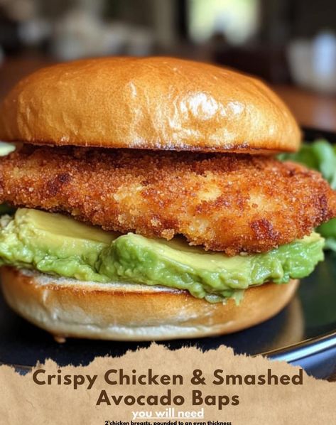 Crispy Chicken & Smashed Avocado Baps Ingredients: 2 chicken breasts, pounded to an even thickness Salt and pepper, to taste 1/2 cup (60g) all-purpose flour 1 large egg, beaten 3/4 cup (75g) breadcrumbs 1/4 cup (25g) grated Parmesan cheese 2 tbsp olive oil 2 ripe avocados Juice of 1 lime 4 soft baps or burger buns Lettuce leaves (optional) Directions: Season the chicken breasts with salt and pepper. Coat each breast in flour, dip in the beaten egg, and then coat with breadcrumbs mixed with P... Chicken Avocado Burger, Avocado Burger, Avocado Juice, Egg Burger, Cottage Cheese Recipes, Smashed Avocado, Lettuce Leaves, Burger Buns, Ripe Avocado