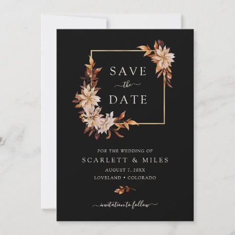 Black Fall Watercolor Floral Wedding Save The Date #zazzle #weddinginvitations #birthdayinvitations #babyshowerinvitations #zazzleinvitations #monogram #businesscards #graduation #homedecor Elegant Fall Wedding Ideas, Casual Fall Wedding, Orange Wedding Themes, Dark Wedding Theme, Rustic Wedding Save The Dates, Rusting Wedding, Rustic Save The Dates, Floral Save The Dates, Rustic Fall Wedding