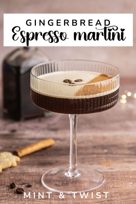 Add some spice to your holiday cocktails with a Gingerbread Espresso Martini! Coffee, vodka, and gingerbread syrup make this drink a festive favorite. Gingerbread Espresso Martini Recipe, Holiday Espresso Drinks, Gingerbread Vodka Cocktail, Espresso Martini Holiday, Red Velvet Espresso Martini, Espresso Martini Bar Set Up, Virgin Espresso Martini, Gingerbread Syrup Cocktail, Gingerbread Espresso Martini