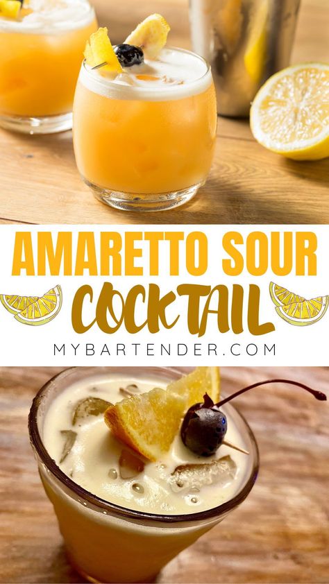 This refreshing Amaretto Sour Cocktail Recipe is very easy to make and is fantastic for a summer day. It's full of deliciousness and super simple! Amaretto Sour Recipe Easy, Amaretto Sour Recipe, Amaretto Sour Cocktail, Amaretto Drinks, Sour Drink, Bartending Tips, Bitters Recipe, Amaretto Sour, Sour Foods