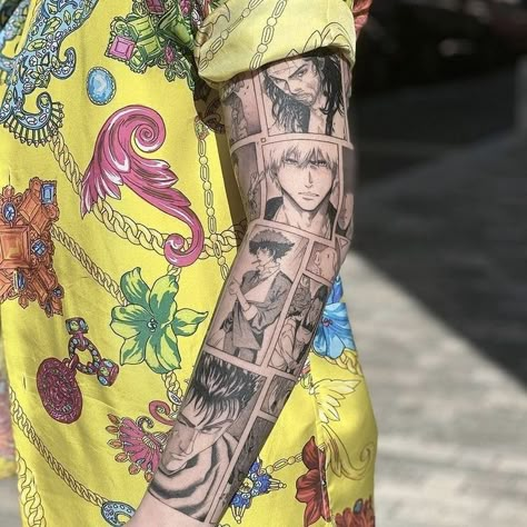 One Piece Tattoo Sleeve, Panel Tattoos, Anime Sleeves, Anime Sleeve, Hero Tattoo, Mangas Tattoo, Avengers Tattoo, Scene Tattoo, Arm Sleeve Tattoo