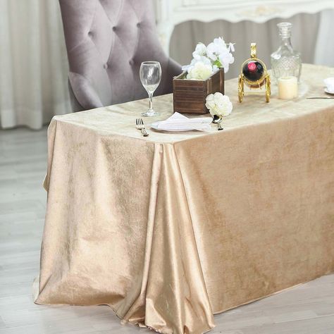 90" x 132" | Champagne | Premium Velvet Rectangle Tablecloth Champagne Wedding Decorations, Round Table Sizes, Table Overlays, Party Table Settings, Chair Sashes, Tablecloth Sizes, Rectangle Tablecloth, Flower Centerpieces Wedding, Banquet Tables