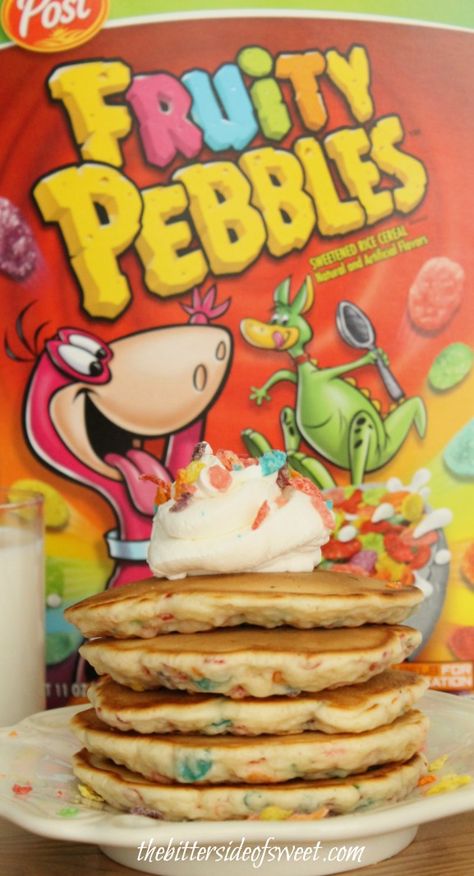 Fruity Pebbles Pancakes  with Vanilla Whipped Cream | thebittersideofsweet.com  #PostWalgreens #pmedia Shopper Marketing, Birthday Breakfast, Vanilla Whipped Cream, Big Breakfast, Zucchini Cake, Fruity Pebbles, S'mores, Cereal Recipes, Pancakes And Waffles