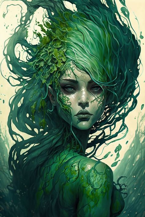 A mermaid with a tail made of deep green seaweed that seems to sway in the currents. Her hair is a wild tangle of seaweed and seafoam, and her eyes are a piercing green that seems to see into your soul. Seaweed Hair Drawing, Plant Hair Art, Underwater Hair Drawing, Sea Elf Female Dnd, Seaweed Drawing, Seaweed Mermaid, Seaweed Hair, Underwater Hair, Afro Hair Drawing