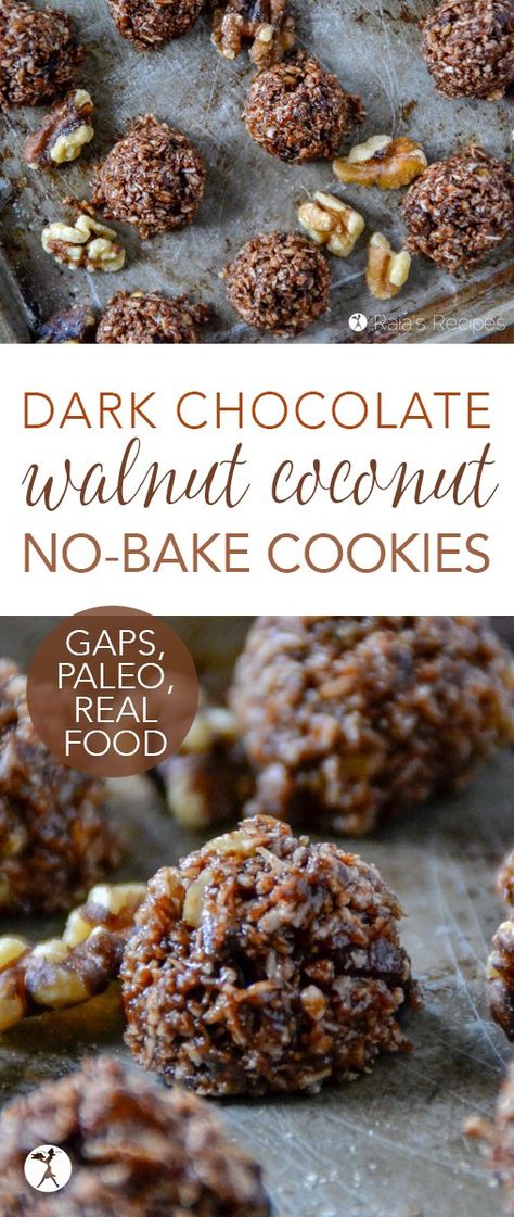 Dark Chocolate Walnut Coconut No-Bake Cookies :: paleo, GAPS-friendly Coconut No Bake Cookies, Coconut Dessert, Paleo Cookies, Walnut Recipes, Paleo Sweets, Gaps Diet, Healthier Desserts, Paleo Treats, Paleo Desserts