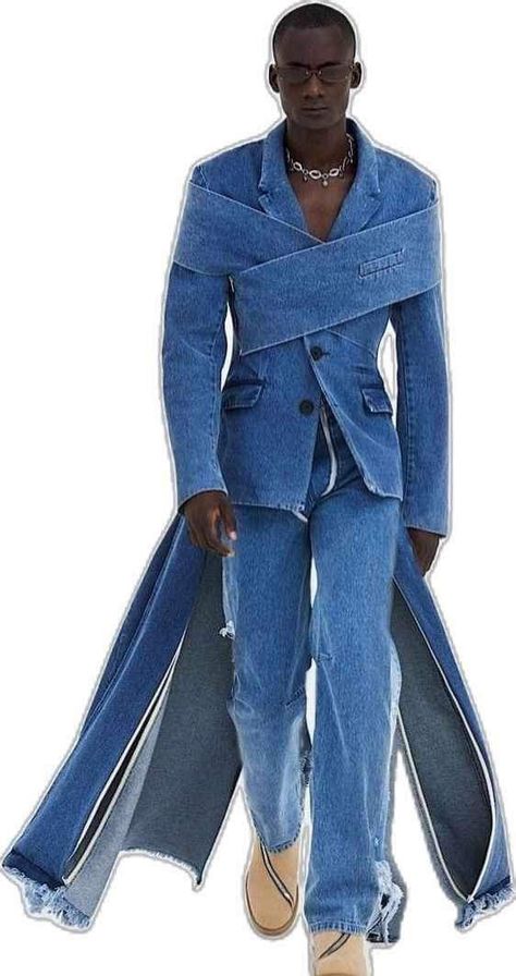 Men’s Fashion Show Outfit, High Mens Fashion, Unique Formal Outfits For Men, Men’s Couture, All Denim Outfit Men, Unique Mens Fashion, Mens Fashion Design, Denim Runway, Tux Prom