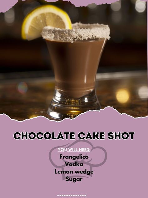 🍫 Indulge in a Chocolate Cake Shot – it’s dessert in a glass! 🍫✨ #ChocolateCakeShot #DessertShots Chocolate Cake Shot Ingredients: Frangelico (1/2 oz) Vodka (1/2 oz) Lemon wedge (garnish) Sugar (for rimming) Instructions: Rim a shot glass with sugar. Combine Frangelico and vodka in a shaker with ice. Shake well and strain into the shot glass. Garnish with a lemon wedge. 🍫✨ Tastes just like chocolate cake! Enjoy this sweet treat! 🍹✨ #RecipeInspire #CocktailShots Chocolate Vodka Recipes, Chocolate Cake Shot, Cake Shot, Chocolate Vodka, Cake Vodka, Desserts In A Glass, Glass Garnish, Dessert Shots, Cocktail Party Food