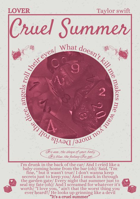 Lover Book Taylor Swift, Taylor Swift Cruel Summer Poster, Cruel Summer Poster, Cruel Summer Aesthetic, Cruel Summer Taylor Swift, Summer Taylor Swift, Summer Lyrics, Alt Posters, Song Posters