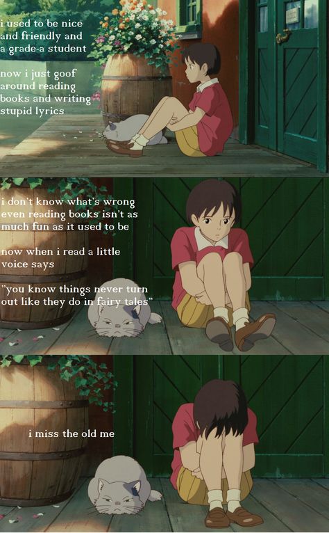 Whisper Of The Heart I Miss The Old Me, Miss The Old Me, Studio Ghibli Quotes, Hayao Miyazaki Art, Whisper Of The Heart, Miyazaki Art, The Cat Returns, Studio Ghibli Movies, Studio Ghibli Art