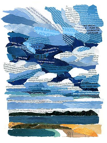 Sky over the bay collage with torn magazine pages.  Love the stormy looking blue clouds! Torn Magazine Art, Newspaper Mixed Media Art, Collage With Magazines Ideas, Collage Art With Magazines, Art With Magazines Collage, Painting With Paper Collage, Art With Newspaper Ideas, Book Collage Art, Magazine Paper Art