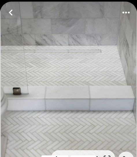 Shower Floor Tile Herringbone, 3x12 Herringbone Tile Floor, Herringbone Tile Shower Floor, Small Marble Tile Bathroom, Herringbone Floor Bathroom, Timeless Master Bath, Herringbone Shower Floor, Herringbone Bathroom Floor, Marble Herringbone Floor