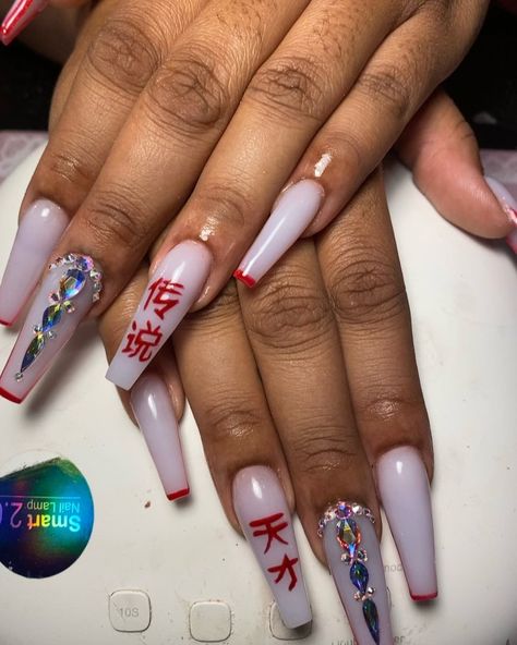 MUTEE THE NAIL ENTHUSIAST on Instagram: “For those that are curious she told me the Chinese symbols mean “gifted legend”. #InspoSet #MuteeNailedIt #JerseyNailTech #MilkyWhiteSet…” Chinese Symbol Nails, Chinese Acrylic Nails, Chinese Dragon Nails, Symbol Nails, Chinese Nails Designs, Chinese Nails, Flag Nails, Journal Weekly Spread, Dragon Nails