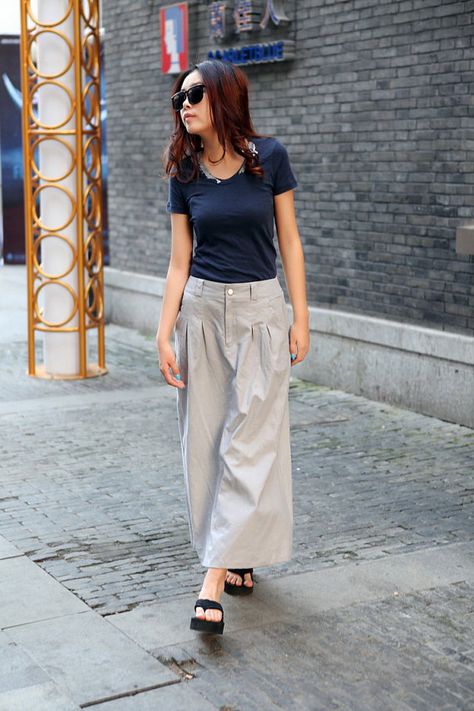 Graceful Casual Light Gray Wide leg Long Linen Pants Skirt(more colour and size choice) Grey Linen Pants Outfit, Grey Pants Outfit, Long Linen Pants, Linen Pants Outfit, Maxi Outfits, Pants Skirt, Women Skirt, Clothes Diy, Clothing Line