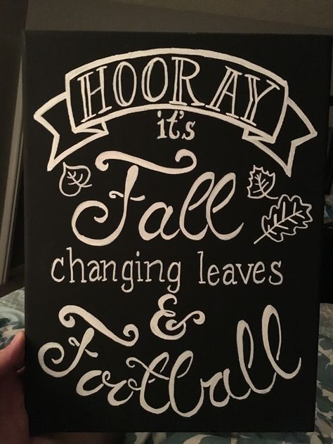 Hooray it's #fall! Changing #leaves and #football! #chalkart #chalk #canvas #type # lettering #handlettering #design #originalart Football Chalkboard Ideas, Football Chalkboard Art, Pantry Chalkboard, Football Chalkboard, Chalk Designs, Fall Chalkboard, Chalkboard Wall Art, Blackboard Art, Kitchen Chalkboard