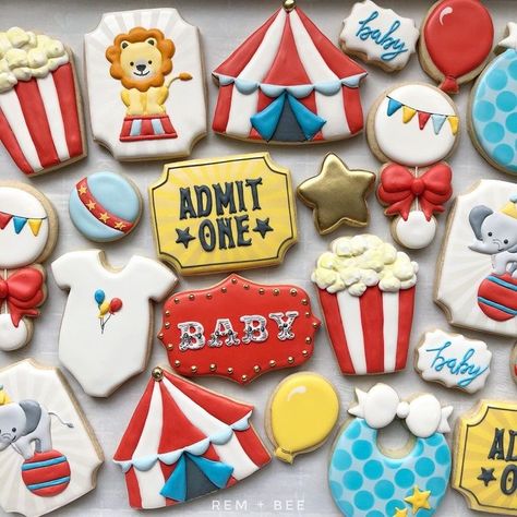 Circus Baby Shower Theme, Circus First Birthday, Carnival Baby Showers, Circus 1st Birthdays, Circus Cookies, Circus Birthday Party Theme, Carnival Birthday Party Theme, Theme Cookies, Circus Decorations