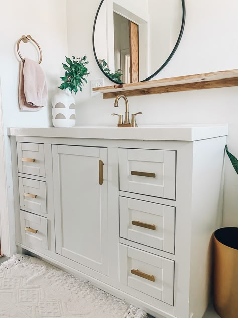 Restore Bathroom Vanity, New Bathroom Sink Vanities, Master Bath Vanity Single Sink, Narrow Vanity Ideas, White Vanity Brass Hardware, Bathroom One Sink Vanity Ideas, Vanity For Narrow Bathroom, Bathroom Vanity Furniture Piece, Narrow Bathroom Sink Vanity