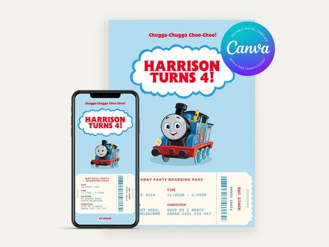 Editable Thomas The Tank Engine Birthday Invitation | Canva Digital Template | Printable Party Invite | Children’s Birthday | Train Theme Birthday Train Theme, Train Birthday Theme, Train Invitation, Print Invitation, Train Theme, Party Invitations Printable, Card Files, Thomas The Tank, Thomas The Train