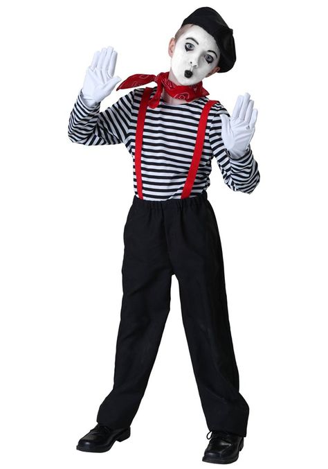 These 13 DIY Costumes For Kids Can Be Accomplished With 1 Pair of Overalls Mime What you need: Black overalls, black-and-white striped shirt, black beret, white gloves, face makeup, and a silent child (a joke, obviously) Mime Halloween Costume, Mime Costume, Costume Works, Diy Costumes Kids, Kids Costumes Boys, Pantomime, Halloween Costume Contest, Aesthetic Boy, Costume Contest