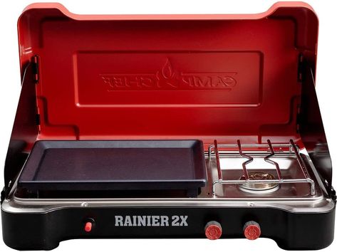 Amazon.com: Camp Chef Mountain Series Rainier 2x Two-Burner Cooking System w/Griddle & Carry Bag : Patio, Lawn & Garden Stove With Griddle, Best Camping Stove, Camping Cooker, Stove Burner, Camp Stove, Emergency Food Supply, Griddle Grill, Camp Chef, Camping Cooking