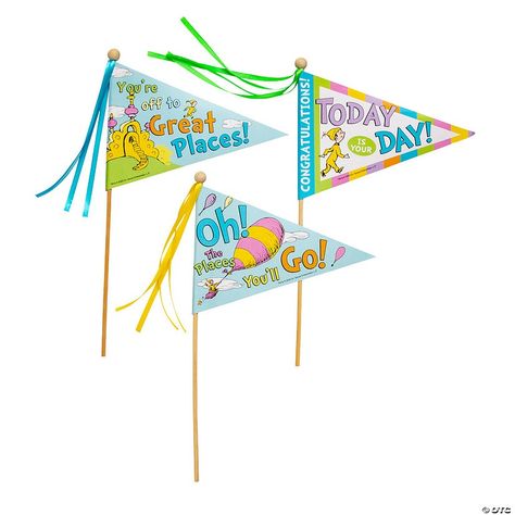 Hand these pennant flags out on graduation day to help students celebrate with pride! They can wave their flags while marching in a graduation parade, or you ... Preschool Graduation Party, Hot Air Balloon Craft, Hanging Paper Lanterns, Honeycomb Decorations, Paper Streamers, Balloon Crafts, Pennant Flags, Baby Banners, Kindergarten Graduation