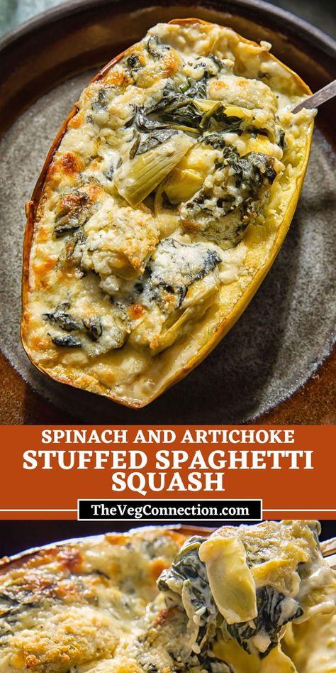 Spaghetti Squash Stuffed, Creamy Spinach Artichoke Dip, Sweet Spaghetti, Healthy Squash Recipes, Spaghetti Squash Recipes Healthy, Spaghetti Squash Recipes Easy, Roasted Spaghetti Squash, Artichoke Stuffed, Stuffed Spaghetti Squash