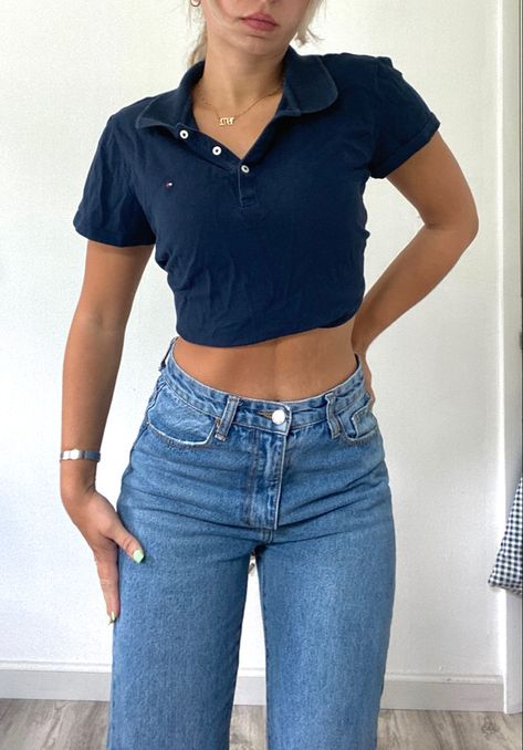 Navy Polo Shirt Outfit Woman, Polo Shirt Outfit Women's, Womens Streetwear, Fit Checks, Polo Shirt Outfits, Closet Aesthetic, Navy Polo Shirt, Tommy Hilfiger Shirt, Fits For Summer