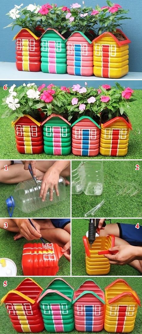 Plastic Container Crafts, Plastic Bottle Crafts Diy, Plastic Bottle Flowers, Flower Pot Crafts, Hemma Diy, Diy Jar Crafts, Garden Crafts Diy, Diy Bottle Crafts, Plastic Bottle Crafts