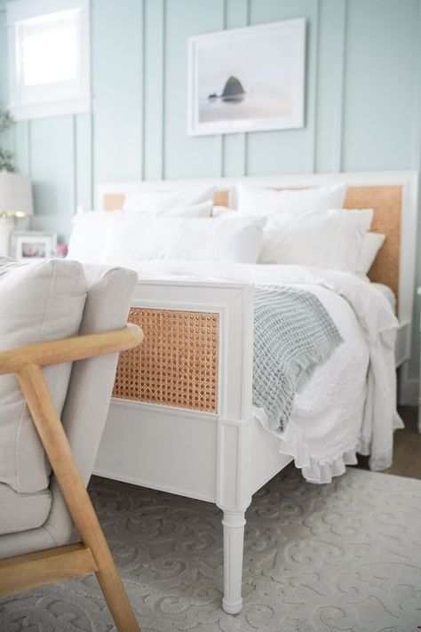 We recently got the Serena & Lily Harbour Cane bed and I wanted to share our review and why we love it so much! If you've been looking at this furniture line, check out our post for all the details! #serenaandlily #furniture #bed #masterbedroom #bedroom #bedding #homedecor #boardandbatten Serena And Lily Harbour Cane Bed, Cane Bed Frame Bedroom, Serena And Lily Bed, Cane Headboard Bedroom, Cane Bedroom Ideas, Modern Coastal Bed, Harbour Cane Bed, Serena And Lily Bedding, Serena And Lily Bedroom