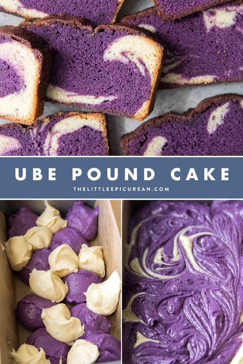 three images showing the before and after of making ube pound cake with swirls. Ube Pound Cake Recipe, Ube Desserts Recipes Easy, Ube Pound Cake, Ube Bundt Cake, Fancy Baked Goods, Ube Cake Recipes, Ube Tiramisu, Ube Mochi Cake, Ube Desserts Recipes