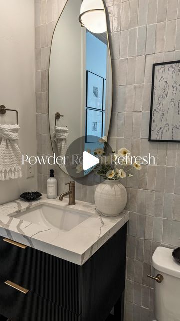 Modern Organic Half Bathroom, Powder Room Half Wall Tile, Organic Modern Powder Room, Guest Powder Room Ideas, January Refresh, Half Bath Inspiration, Half Bath Renovation, Organic Tile, Reeded Vanity