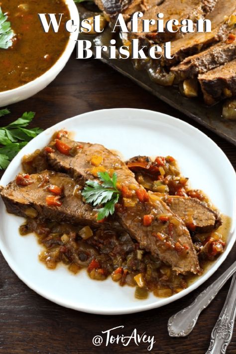 West African Brisket - a recipe from Michael Twitty, author of The Cooking Gene. Tender, tasty brisket slowly cooked with African spices, peppers, herbs and garlic. Z Passover Brisket, Instant Pot Jewish Brisket, Best Jewish Brisket Recipe, Brisket For Passover, Brisket Recipes Jewish Braised Beef, African American Food, Jewish Holiday Recipes, West African Food, Brisket Recipes