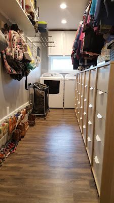 Family Closet Laundry Room, Tiny House For Big Family, Big Family Organization, Family Closet, Shared Closet, Laundry Ideas, House Organization, Basement Laundry Room, Closet Hacks