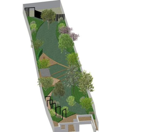 The build for this long, narrow garden in Woking, Surrey has just started and it demonstrates some of the methods you can use to deal with a long,… Garden Ideas Long, Long Narrow Garden, Narrow Gardens, Ariel Sketch, Lawn Alternative, Long Garden, Narrow Garden, Backyard Garden Layout, Garden Ideas Cheap