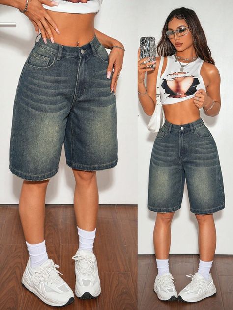 Outfit Tiro Bajo, Bermudas Mujer Outfit, Mode Queer, Longer Shorts, Low Rise Jean Shorts, Women Denim Shorts, Low Rise Jean, Bermuda Shorts Women, Shorts Y2k