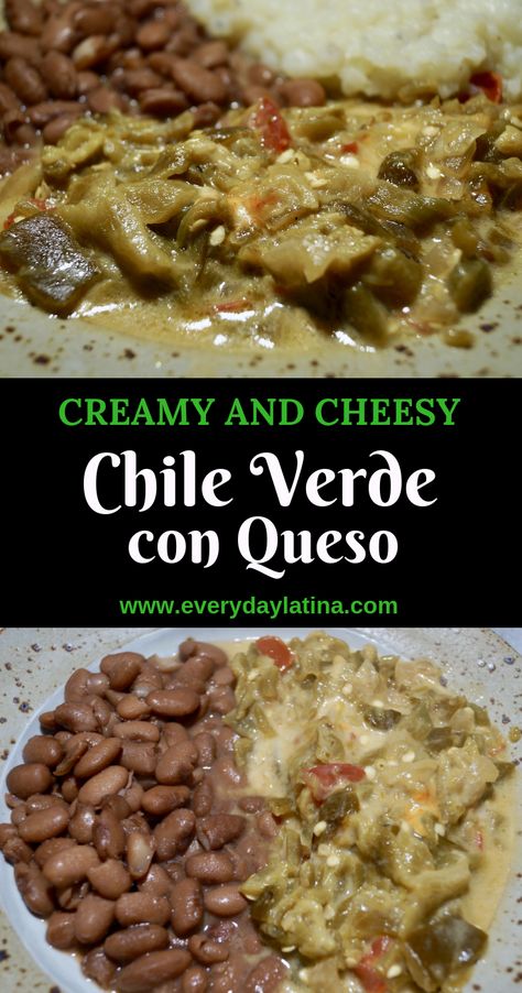 This recipe for creamy and cheesy chile verde con queso (green chile with cheese) is a deliciously spicy dish that goes great with beans, eggs, burritos and more. #greenchile #chileconqueso #mexicanfood Green Chile Recipes, Green Chili Recipes, Chili Verde, Chile Recipes, Spicy Dishes, Hispanic Food, Latin Food, Mexican Food Recipes Authentic, Green Chile