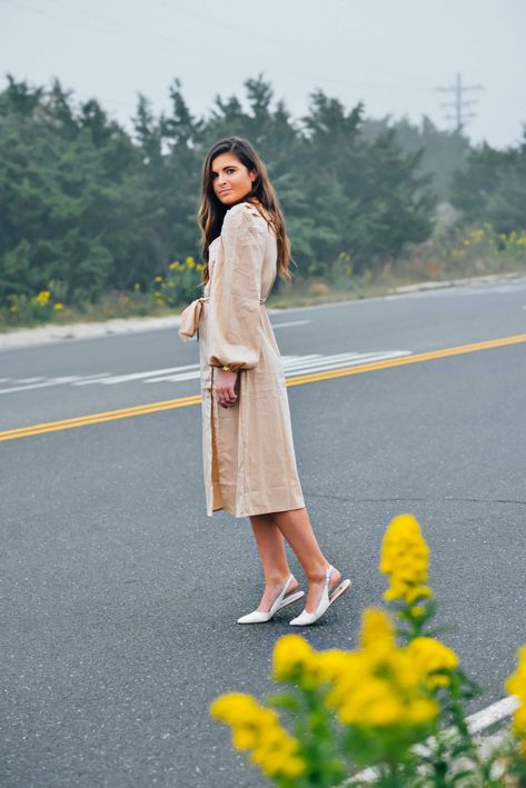 Golden Community // Beige Asymmetrical Dress, Fall Fashion, Fall Dress Outfit, White Pointed Toe Slingback Flats Slingback Flats Outfit Summer, Dress With Flat Shoes Outfit, Slingback Flats Outfit, Fall Flats Outfit, Flats Outfit Summer, Flat Shoes Outfit, Dress With Flats, Fall Fashion Dresses, Glamorous Fashion