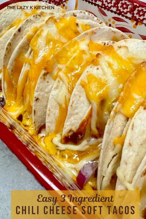 3 Ingredient Chili Cheese Soft Tacos. If you need a quick and easy Dinner recipe for the family, they will love these tacos. Chili Cheese Casserole, 3 Ingredient Chili, Soft Tacos Recipes, Queso Sauce, Frito Chili, Chicken And Dumplings Recipe, Delicious Chicken Salad, Crockpot Chicken And Dumplings, Mexican Side Dishes