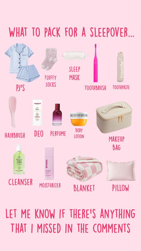 Packing list: preppy, aesthetic, coquette, clean girl, trendy Emergency Sleepover Kit, Sleepover Bag Essentials, Things To Pack For A Sleepover, What To Pack For A Sleepover, Pack For A Sleepover, Sleepover Checklist, Sleepover Packing, Sleepover Packing List, Fun Sleepover Activities