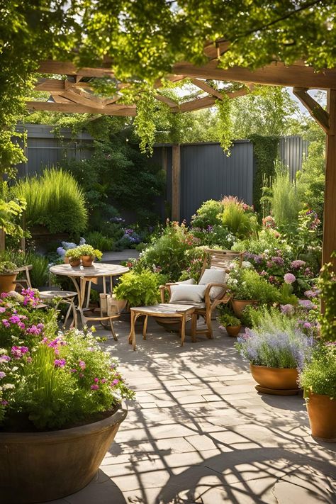 A patio garden can serve as an extension of your living space, offering a tranquil retreat for relaxation or entertaining. This post contains 21 ideas to help you create the perfect patio garden. Paved, small, cottage, back, apartment, a budget, layout, front, raise, UK, seating areas, flower pots, with steps, fire pit, bifold doors Kitchen Leading To Garden, Small Decked Garden Ideas, Small Patio Ideas Front Of House, Small Garden Layout Design, Brick Patio Garden, Small Two Level Garden Ideas, Cottage Garden Potted Plants, Patio Steps Up To Garden, Small Patio Area Ideas