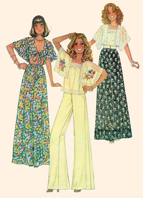 70s Mode, 70s Sewing Patterns, 70s Tops, 1970s Sewing Patterns, Skirt And Pants, Flowing Sleeves, Mode Hippie, 70s Inspired Fashion, 70’s Fashion