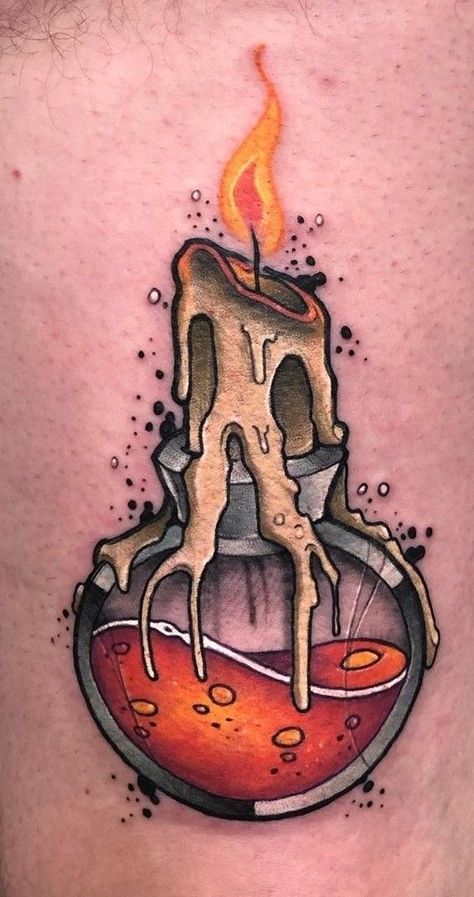 250+ Coolest Neo Traditional Tattoo Ideas (2023) - TattoosBoyGirl Color Ghost Tattoo, Neo Traditional Candle Tattoo, New School Halloween Tattoo, Neo Traditional Drawing, Small Neotraditional Tattoo, Potion Bottle Tattoo Design, Small Neo Traditional Tattoo, Neo Trad Tattoo Design, Neo Traditional Tattoo Ideas