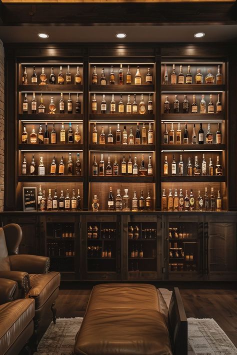 23 Whiskey Lounge Inspirations - Remodr Small Whisky Bar, Liquor Room Ideas, Whisky Room Man Caves, Whiskey Room Ideas Man Cave, Fireplace And Bar Wall, Basement Home Bar Ideas, Bourbon Room Man Cave, Basement Bourbon Bar Ideas, Small Bourbon Room Ideas