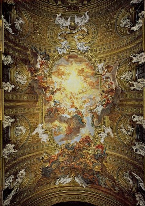 82. Triumph in the Name of Jesus. Giovanni Battista Gaulli, ceiling fresco with stucco figures on the nave vault of II Gesù. Rome, Italy. 1676–1679 C.E. (Image set, 3/3) The Holy Name Of Jesus, Ap Art History 250, Ceiling Fresco, Holy Name Of Jesus, Baroque Wallpaper, Ap Art History, Baroque Painting, Baroque Art, Ap Art