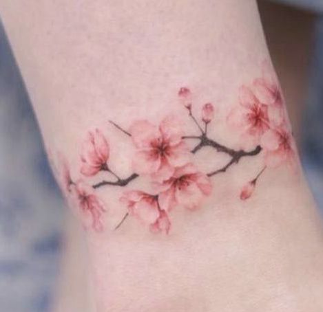 Sakura Ankle Tattoo, Cherry Blossom Wrist Tattoo For Women, Blossom Ankle Tattoo, Sakura Blossom Tattoo, Cherry Blossom Wrist Tattoo, Cherry Blossom Tattoo Shoulder, 42 Tattoo, Cherry Tattoos, Ankle Tattoos For Women