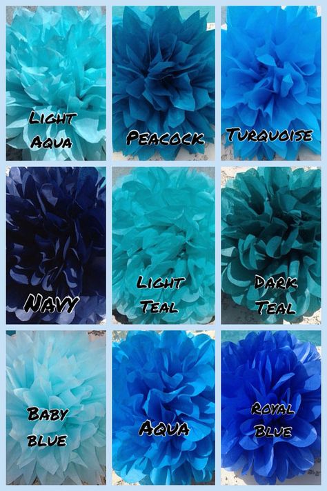 Party Lights Decoration, Tissue Paper Poms, Stitch Pics, Wedding Pom Poms, Teal Bridesmaid Dresses, Blue Shades Colors, Baby Shower Photo Booth, Bridal Shower Photos, Tissue Paper Pom Poms