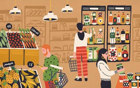 Autumn Illustrations, Diet Myths, Grocery Supermarket, Illustration Colorful, Fresh Products, Food Retail, Autumn Illustration, Cartoon People, Nutrition And Dietetics