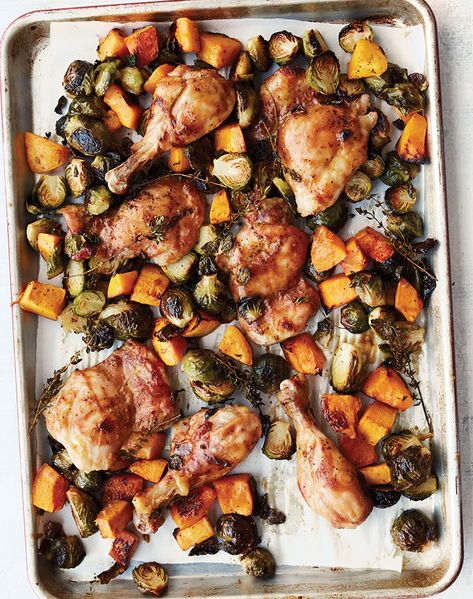 Dijon-Maple Chicken with Brussels Sprouts and Butternut Squash Recipe - PureWow Fall Chicken Recipes, Best Butternut Squash Recipe, Maple Chicken, Winter Squash Recipes, Sheet Pan Meals Chicken, Healthy Winter Meals, Pan Chicken Recipes, Chicken And Butternut Squash, Pan Dinners