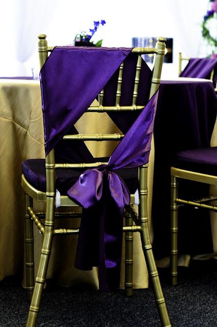 Alternative chair sash wrap Wedding Table Settings Purple, Purple Table Decorations, Purple Wedding Reception, Purple Chair, Purple Table, Chair Bows, Chair Ties, Wedding Chair Decorations, Chair Sash