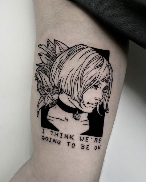 Quote ‘I think we are going to be ok’ tattoo on the right bicep Tattoo Quote, 4 Tattoo, Aesthetic Tattoo, Professional Tattoo, Great Tattoos, Anime Tattoos, Line Tattoos, Skin Art, Blackwork Tattoo